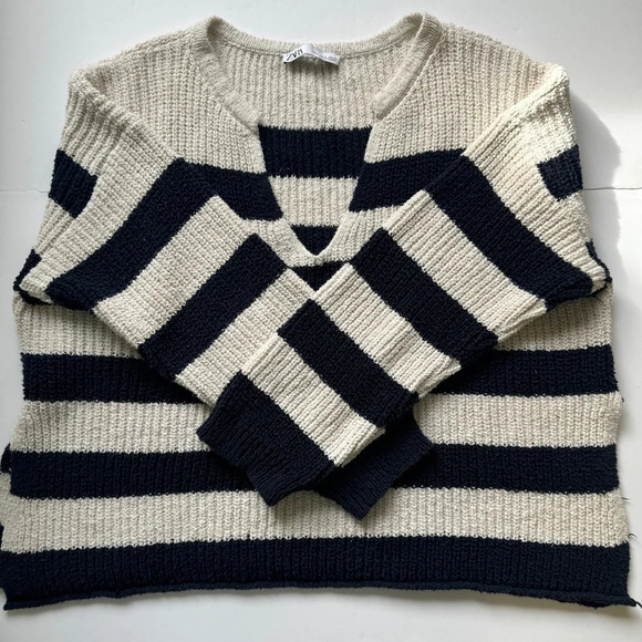 Zara Striped Chunky Knit Sweater Blue Cream V Neck Boxy Fit Nautical Preppy Sz L - Picture 11 of 16